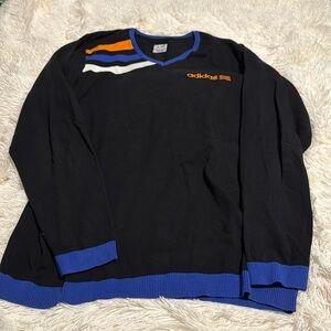 adidas black v-neck golf sweater w/ blue, orange, & white XL